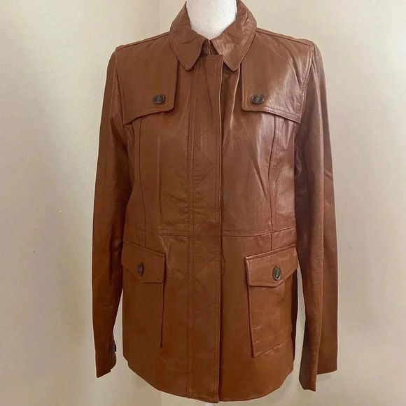 Isaac Mizrahi Live Cogniac Leather Jacket Size L - Picture 1 of 8